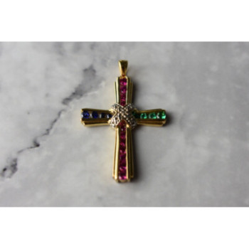 925 Sterling Silver Gold Plated Emerald, Pink & Blue Topaz Cross Pendant