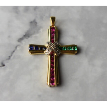 925 Sterling Silver Gold Plated Emerald, Pink & Blue Topaz Cross Pendant