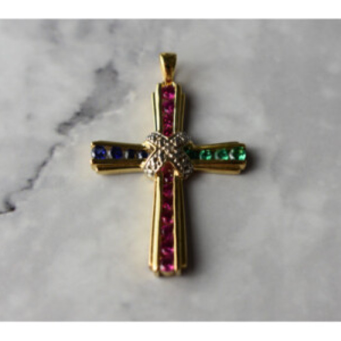 925 Sterling Silver Gold Plated Emerald, Pink & Blue Topaz Cross Pendant