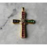925 Sterling Silver Gold Plated Emerald, Pink & Blue Topaz Cross Pendant