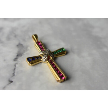 925 Sterling Silver Gold Plated Emerald, Pink & Blue Topaz Cross Pendant