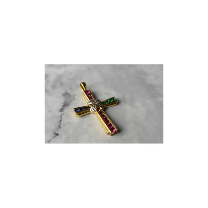 925 Sterling Silver Gold Plated Emerald, Pink & Blue Topaz Cross Pendant