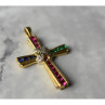 925 Sterling Silver Gold Plated Emerald, Pink & Blue Topaz Cross Pendant