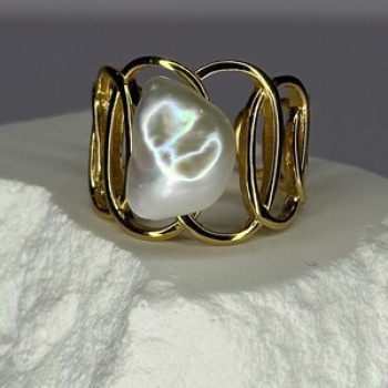 925 STERLING SILVER GOLD PLATED PEARL RING SIZE ADJUSTABLE