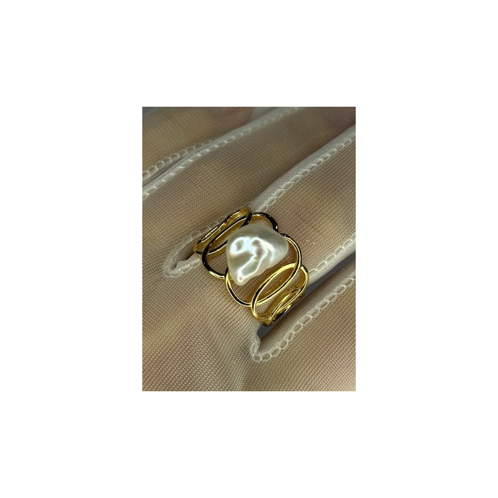 925 STERLING SILVER GOLD PLATED PEARL RING SIZE ADJUSTABLE