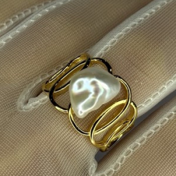 925 Sterling Silver Gold Plated Pearl  Ring Size Adjustable