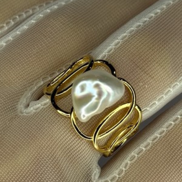 925 Sterling Silver Gold Plated Pearl  Ring Size Adjustable