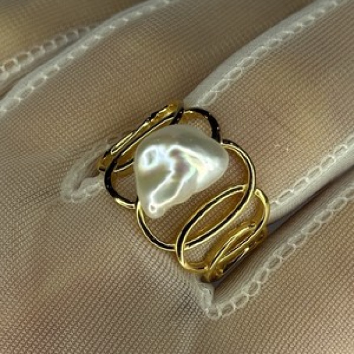 925 Sterling Silver Gold Plated Pearl  Ring Size Adjustable