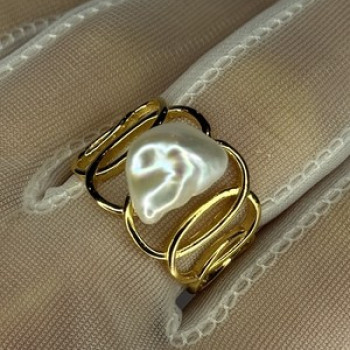 925 Sterling Silver Gold Plated Pearl  Ring Size Adjustable