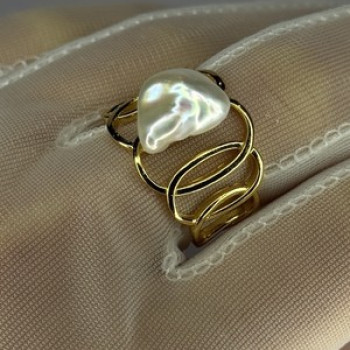 925 Sterling Silver Gold Plated Pearl  Ring Size Adjustable