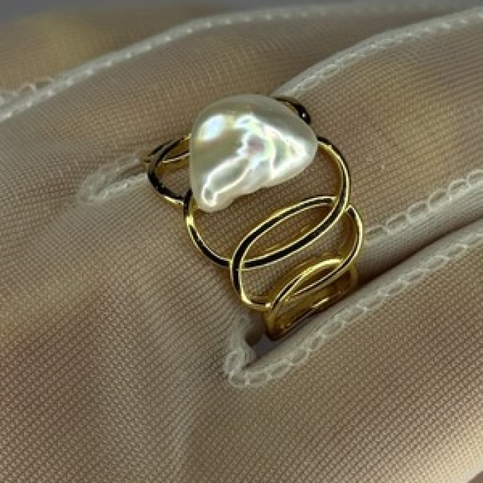 925 Sterling Silver Gold Plated Pearl  Ring Size Adjustable