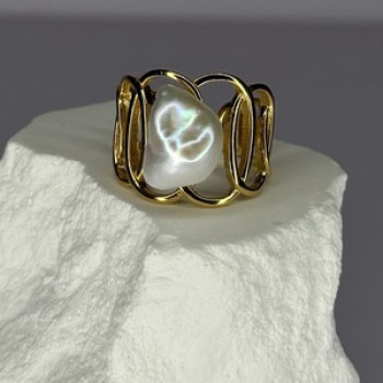 925 Sterling Silver Gold Plated Pearl  Ring Size Adjustable
