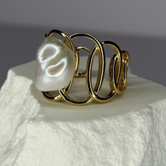 925 Sterling Silver Gold Plated Pearl  Ring Size Adjustable