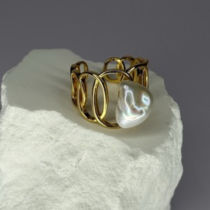 925 Sterling Silver Gold Plated Pearl  Ring Size Adjustable