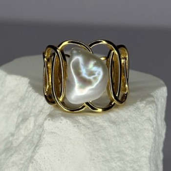 925 Sterling Silver Gold Plated Pearl  Ring Size Adjustable