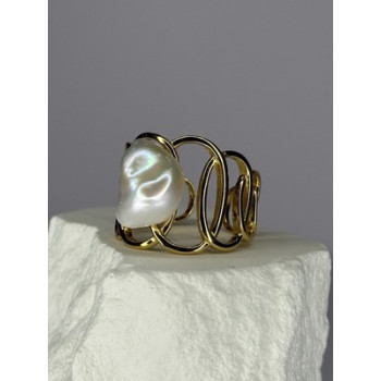 925 STERLING SILVER GOLD PLATED PEARL RING SIZE ADJUSTABLE