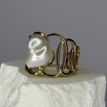 925 Sterling Silver Gold Plated Pearl  Ring Size Adjustable