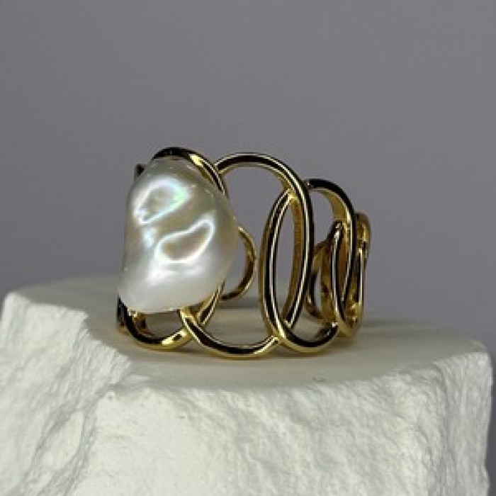 925 Sterling Silver Gold Plated Pearl  Ring Size Adjustable