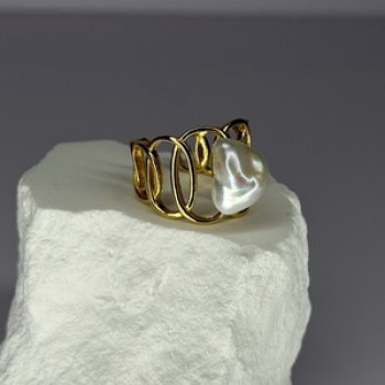 925 Sterling Silver Gold Plated Pearl  Ring Size Adjustable