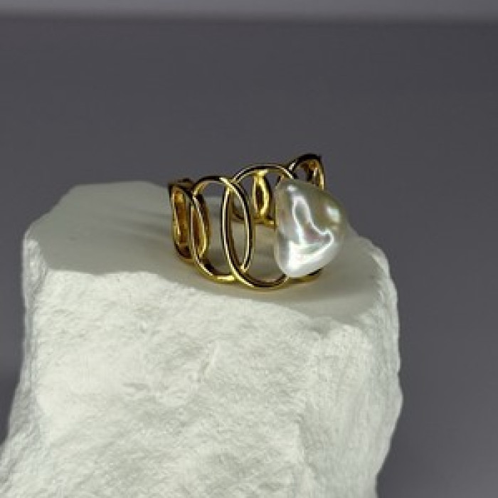 925 Sterling Silver Gold Plated Pearl  Ring Size Adjustable
