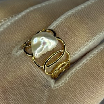 925 Sterling Silver Gold Plated Pearl  Ring Size Adjustable