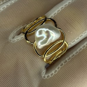 925 Sterling Silver Gold Plated Pearl  Ring Size Adjustable