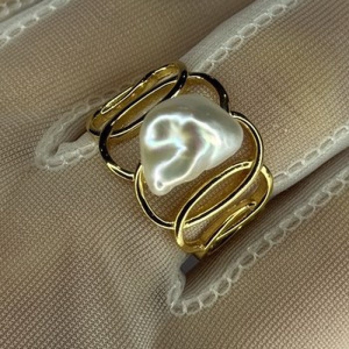 925 Sterling Silver Gold Plated Pearl  Ring Size Adjustable