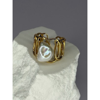 925 STERLING SILVER GOLD PLATED PEARL RING SIZE ADJUSTABLE