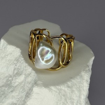 925 Sterling Silver Gold Plated Pearl  Ring Size Adjustable