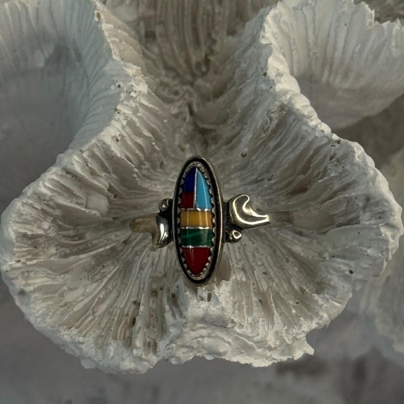Colorful Native American 925 Sterling Silver Multi Gemstone Ring Size 5