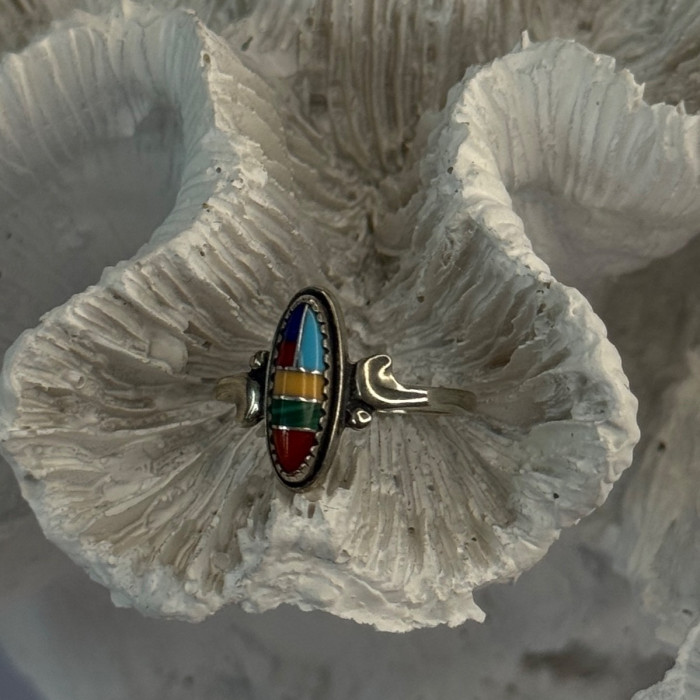 Colorful Native American 925 Sterling Silver Multi Gemstone Ring Size 5