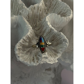 Colorful Native American 925 Sterling Silver Multi Gemstone Ring Size 5