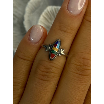 Colorful Native American 925 Sterling Silver Multi Gemstone Ring Size 5