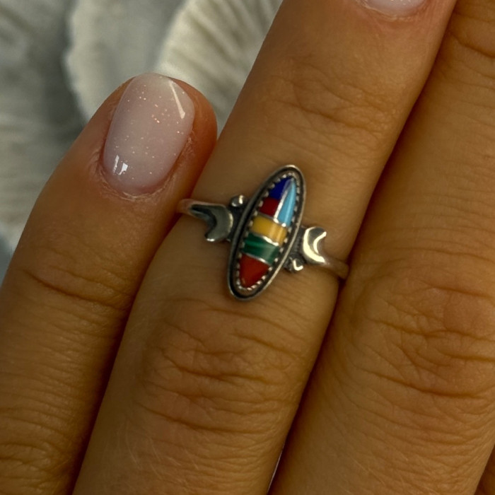 Colorful Native American 925 Sterling Silver Multi Gemstone Ring Size 5