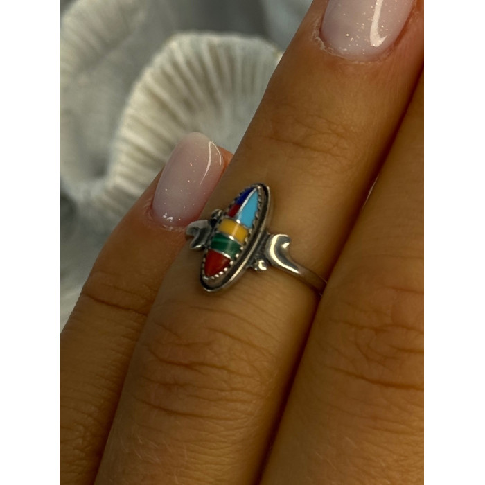 Colorful Native American 925 Sterling Silver Multi Gemstone Ring Size 5