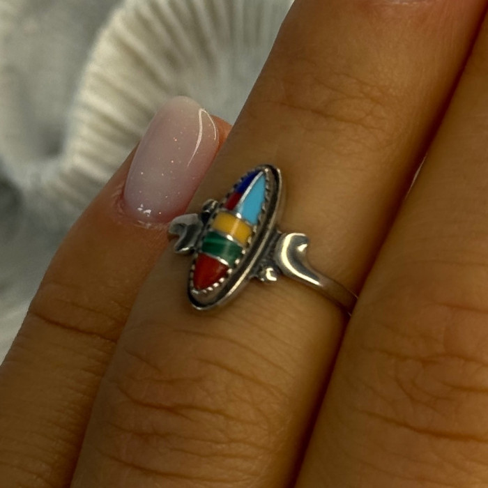 Colorful Native American 925 Sterling Silver Multi Gemstone Ring Size 5