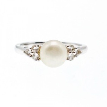 925 Sterling Silver Pearl & CZ Ring Size 7