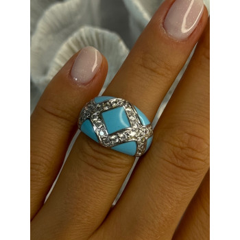 925 Sterling Silver Turquoise & CZ Ring Size 6