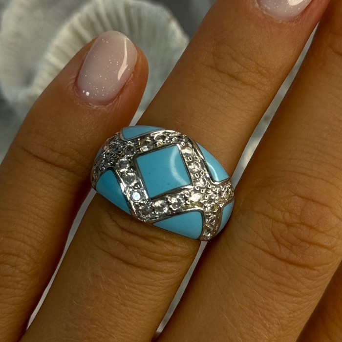 925 Sterling Silver Turquoise & CZ Ring Size 6