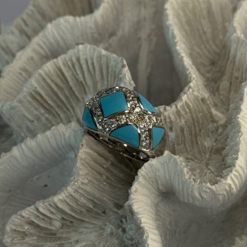 925 Sterling Silver Turquoise & CZ Ring Size 6