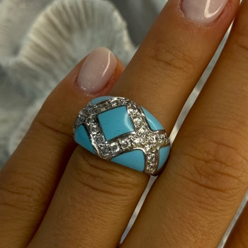 925 Sterling Silver Turquoise & CZ Ring Size 6