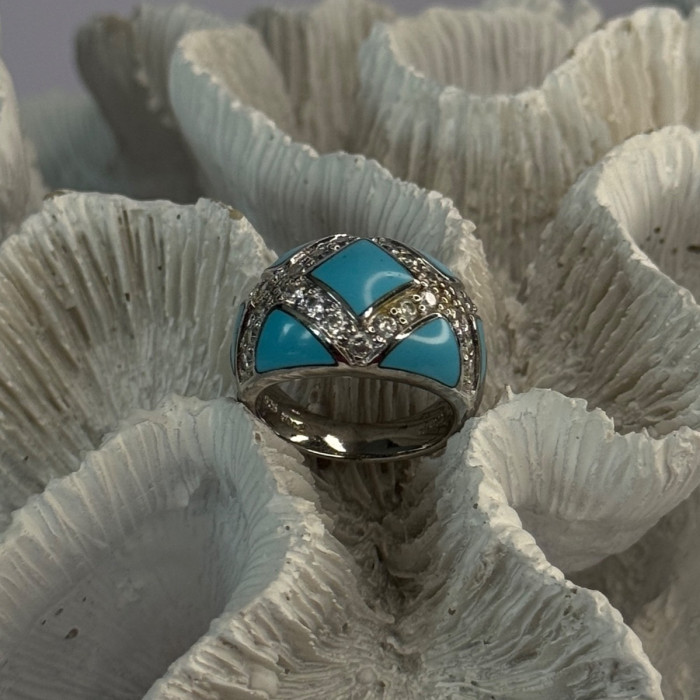 925 Sterling Silver Turquoise & CZ Ring Size 6