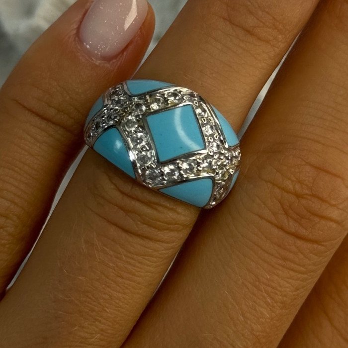 925 Sterling Silver Turquoise & CZ Ring Size 6