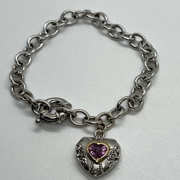 925 Sterling Silver Pink Topaz Heart Bracelet