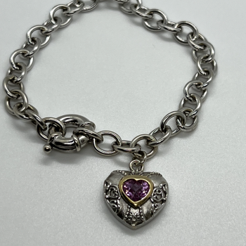 925 Sterling Silver Pink Topaz Heart Bracelet