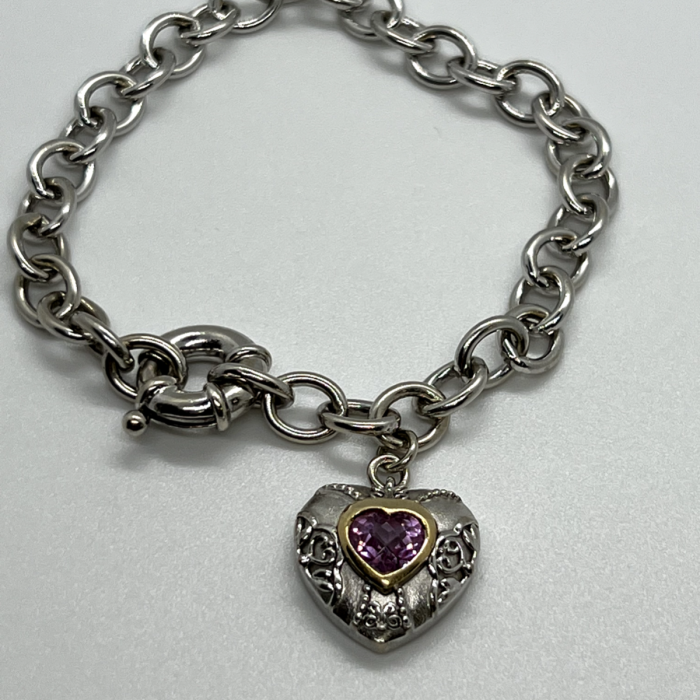 925 Sterling Silver Pink Topaz Heart Bracelet