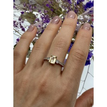 925 Sterling Silver Yellow Tourmaline & CZ Ring Size 8.5