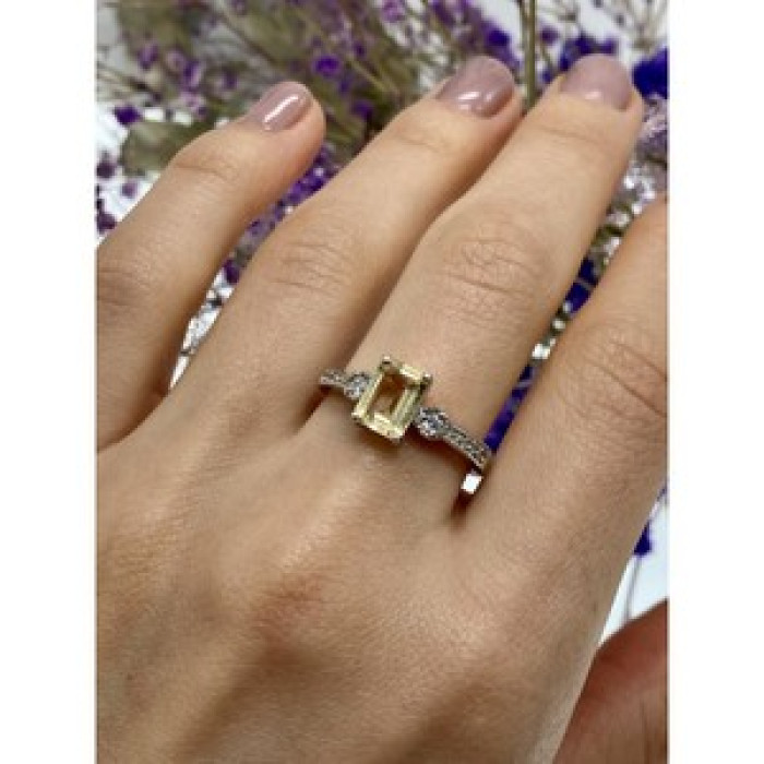 925 Sterling Silver Yellow Tourmaline & CZ Ring Size 8.5