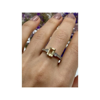 925 Sterling Silver Yellow Tourmaline & CZ Ring Size 8.5