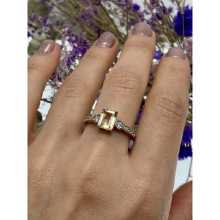 925 Sterling Silver Yellow Tourmaline & CZ Ring Size 8.5